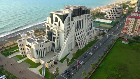 View from above, the hotel is located next to the coast and palm trees Stock Footage 94140401