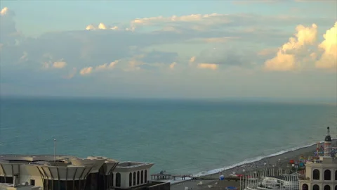View from above, the hotel is located next to the coast and palm trees Stock Footage 94141667