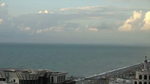View from above, the hotel is located next to the coast and palm trees Stock Footage 94141962