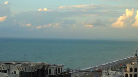 View from above, the hotel is located next to the coast and palm trees Stock-Footage 94142121