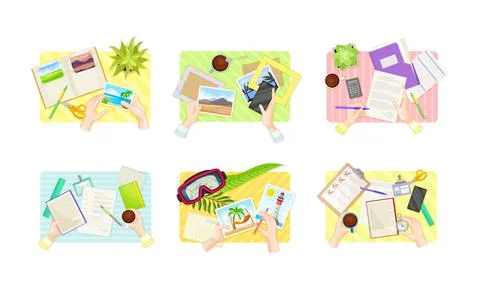 View from above of human hands putting photo in frame and sending postcards set Ilustração Stock