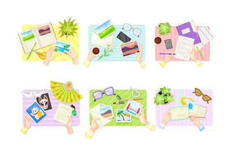 View from above of human hands putting photo in frame, writing letters and Ilustração Stock