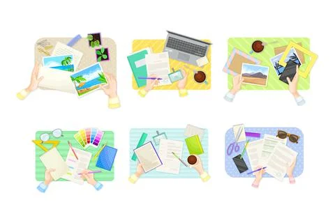 View from above of human hands putting photo in frame, writing letters and Ilustração Stock