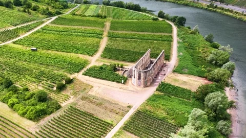 View from above of the imposing walls of the former Stuben monastery church. The Видео 339106402
