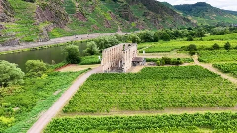 View from above of the imposing walls of the former Stuben monastery church. The Видео 339106568