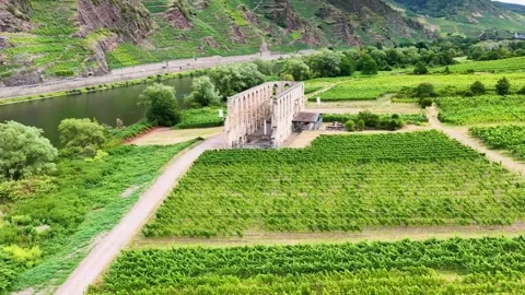 View from above of the imposing walls of the former Stuben monastery church. The Видео 339106600