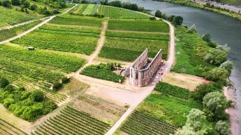 View from above of the imposing walls of the former Stuben monastery church. The Видео 339106618