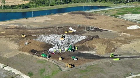 View from above of landfill dump site for garbage waste managment. Bulldozer Stock Footage 247479331