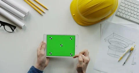 View from above on the male constructor's hands scrolling and tapping on the Stock-Footage 96190038