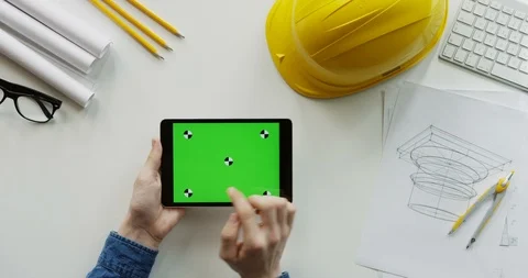 View from above on the male constructor's hands scrolling and tapping on the Stock Footage 96190364