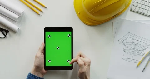 View from above on the male constructor's hands scrolling and tapping on the Stock Footage 96190445