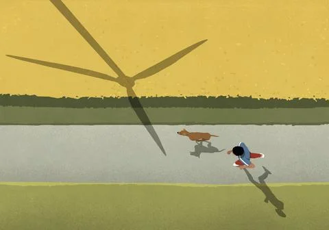 View from above man and dog jogging on path along field with wind turbine shadow Ilustração Stock