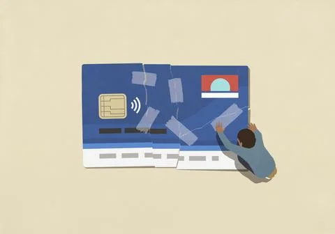 View from above of man attempting to fix broken credit card with adhesive tape Ilustração Stock