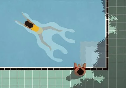 View from above of man sitting at poolside watching woman swimming in summer Ilustração Stock