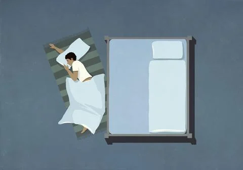 View from above man sleeping on floor next to bed 스톡 일러스트