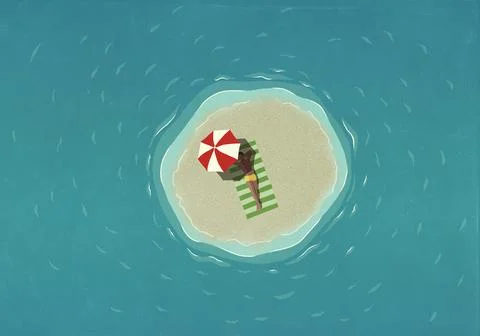View from above man sunbathing on tiny island surrounded by water Stock Illustration