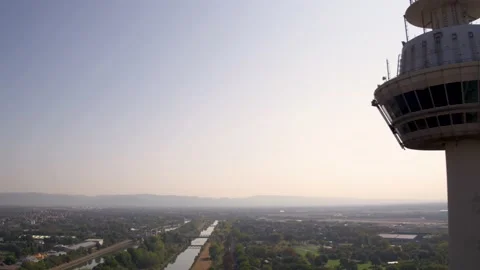 View above Mannheim Television Tower and River Neckar Stock Footage 144997739