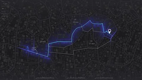 View from above the map buildings. Gps map navigation to own house. Detailed Stock Illustration