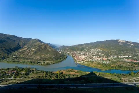 View from above of Mtskheta, confluence of the Kura River Stock Photos