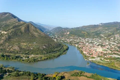 View from above of Mtskheta, confluence of the Kura River Stock Photos