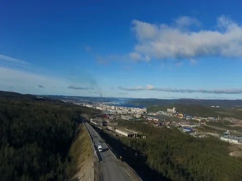 View From Above of Murmansk. Blue Sky With Clouds, on the Road Going Cars, Video stock 72015718