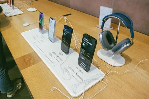 View from above of new Apple Computers iPhone 4 Pro Plus Max in Stock Photos