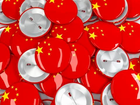 View from above oin pile of button badges with flag of China. 3d render Stock Illustration