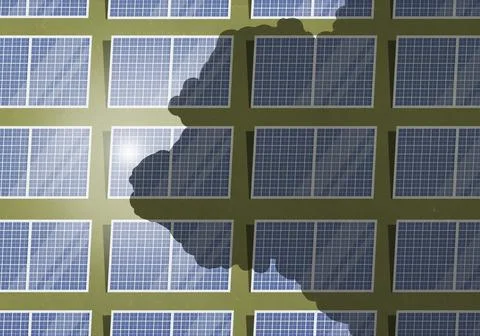 View from above of ominous cloud shadow looming over solar panel farm Stock Illustration