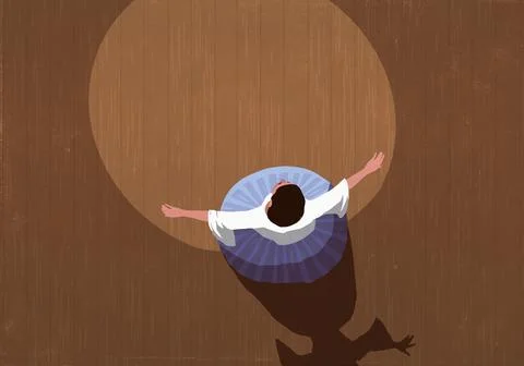 View from above opera singer with arms outstretched performing on stage in Stock Illustration
