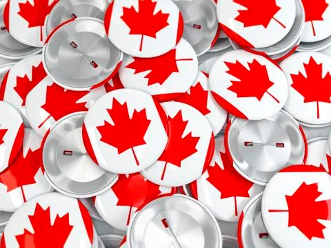 View from above on pile stack of button badges with flag of Canada. 3d render イラスト素材