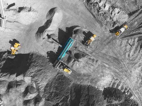 View from above, on the process of sorting coal mined. Open pit mine, Mining 写真素材