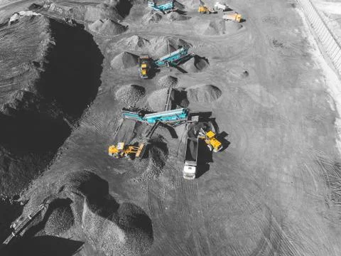 View from above, on the process of sorting coal mined. Open pit mine, Mining Stock-Fotos