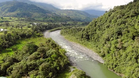 View above the Rio Quijos Valley, a tributary of the Amazon in Ecuador, Stock Footage 123554517