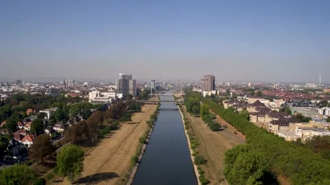 View above River Neckar and Blue Sky in Mannheim  Vídeos de archivo 144997767