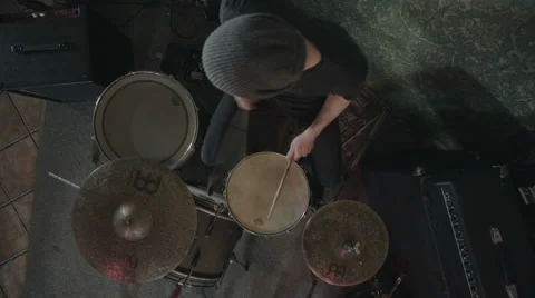 View from above of a rock drummer playing drums in a live concert Stock Footage 61279375