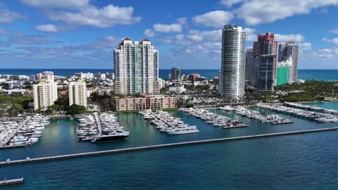 View from above of the seafront of Miami. Miami yachts 動画素材 306112146