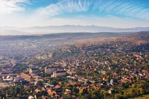 View from above of a small town deva on a hazy morning Stock Photos
