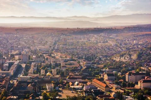 View from above of a small town deva on a hazy morning Stock Photos