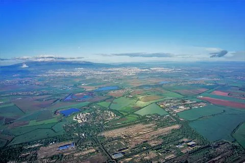 The view from above of the Sofia plain and Sofia. Stock Photos