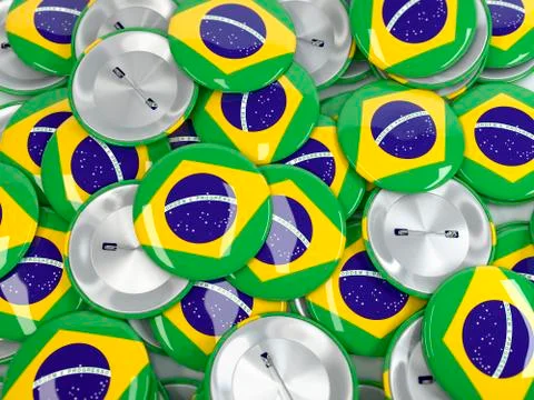 View from above on stack of button badges with flag of Brazil. 3d render Stock Illustration