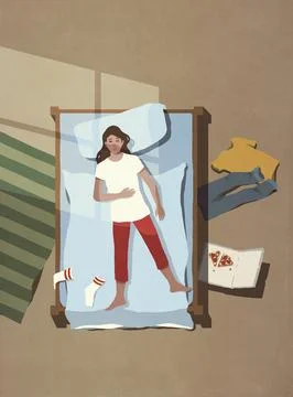 View from above sunrays over tired young woman sleeping in bed next to pizza box 스톡 일러스트
