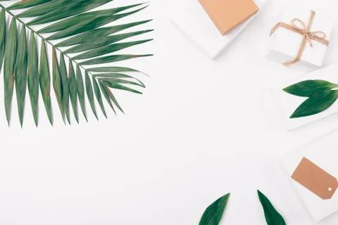 View from above on table with palm leaf Stock Photos