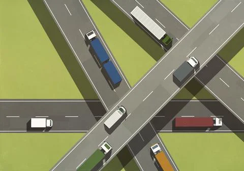 View from above trucks driving on freeway overpasses Illustration