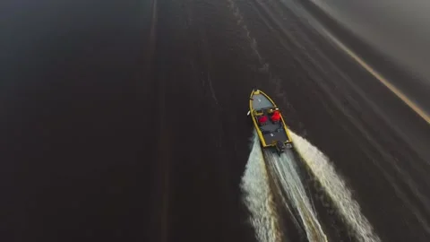 View from above at two fast running fishing boats. Drone shot. Stock Footage 146925794