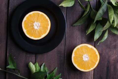 View from above of two halves of table oranges for juice, Stock Photos