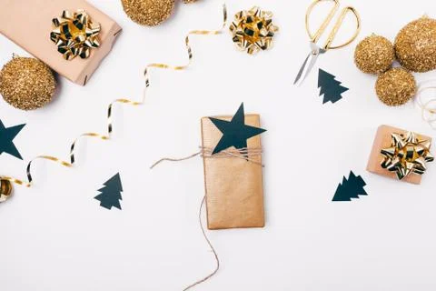 View from above on white table with gift box 스톡 사진