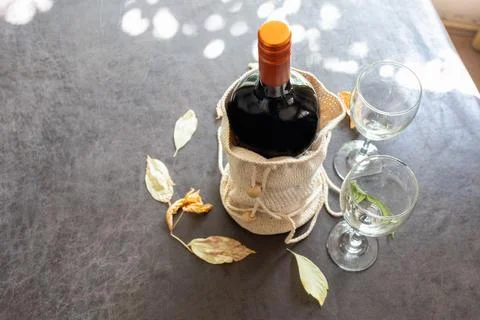 View from above of a wine bottle on the table Stock Photos