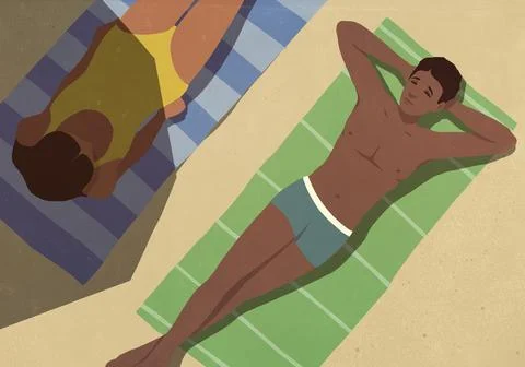 View from above of young couple sunbathing on towels on sunny beach Ilustração Stock