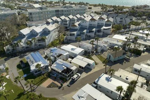 View from abover of damaged mobile homes after hurricane Ian in Florida res.. Stock Photos