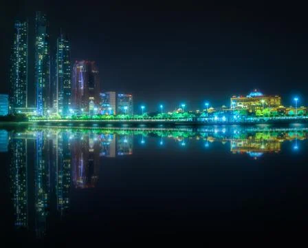 View of Abu Dhabi Skyline at night, UAE Stock Photos